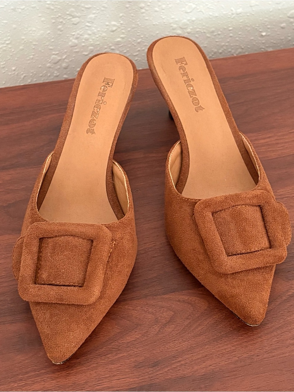 Chestnut Suede Pointed-Toe Buckle Mules - Picture 5 of 6